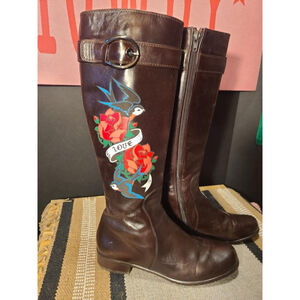 Women's Hand Painted Stuart Weitzman Boots Size 7.5 Brown Leather Knee High